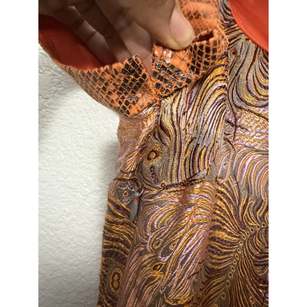 Kim Shui Metallic Peacock Jacquard Qipao Mini Dress Size 12 Orange Snakeskin - Picture 10 of 16